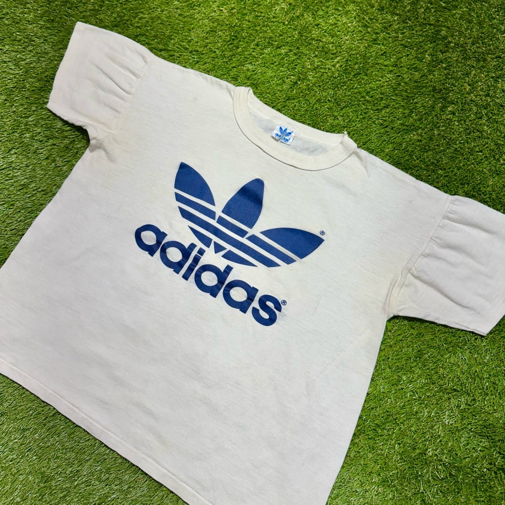 Vintage 80s Adidas Trefoil Logo Short Sleeve T-Shirt Men’s Size Large White Blue - Picture 2 of 7